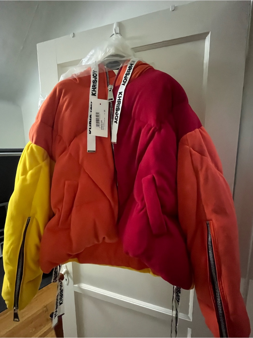 Khris Joy Puffer Jacket - Red, Orange & Yellow Colorblock Size large/XL